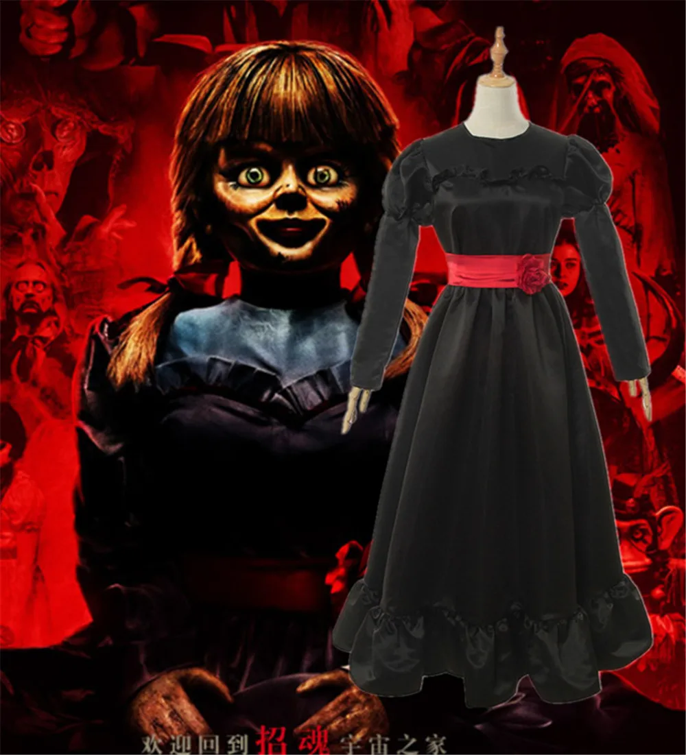 Кукла призрак Annabelle костюм для косплея на Хэллоуин Черное длинное платье детей