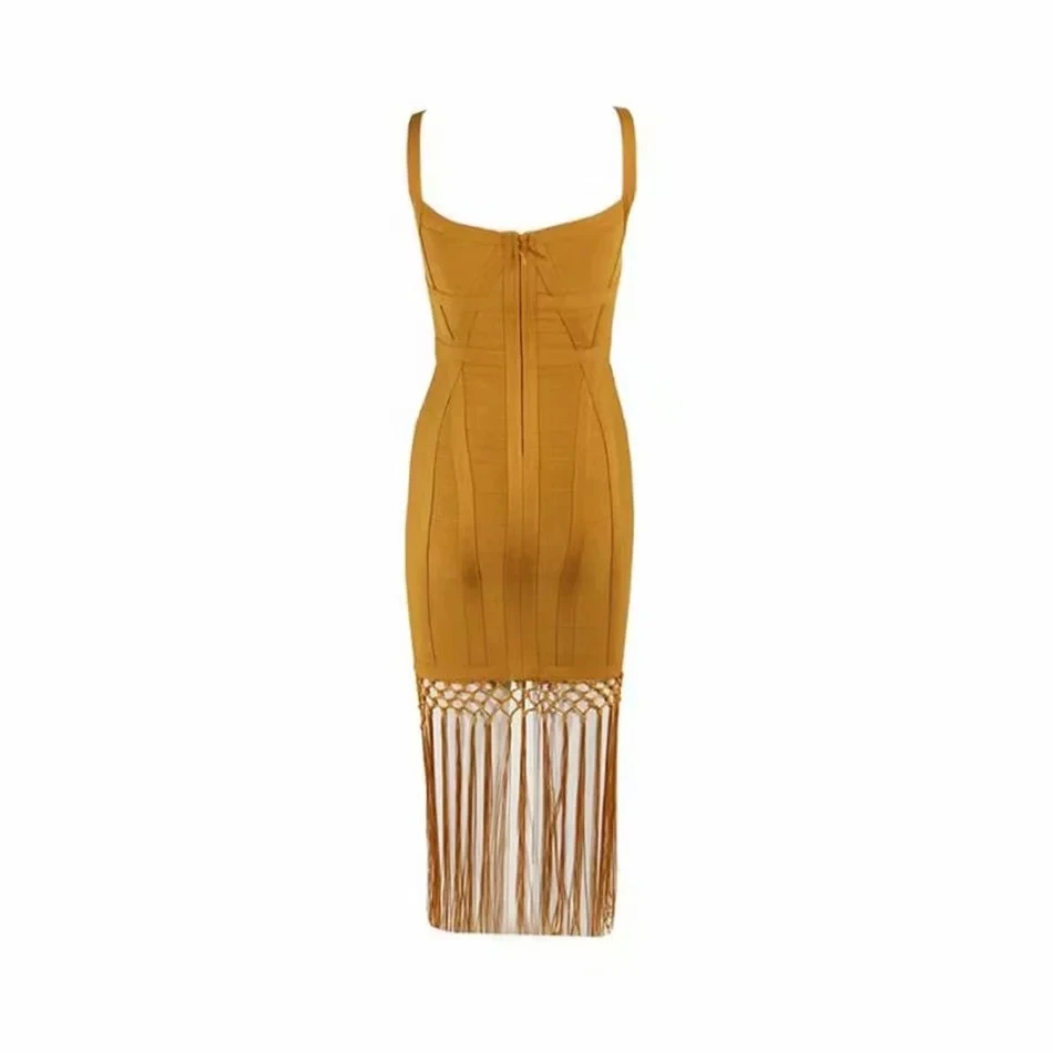 

New Style Ladies Ginger Yellow Fringed Sexy Sleeveless Bodycon Bandage Dress Club Midi Club Dress Vestidos Fall 2020