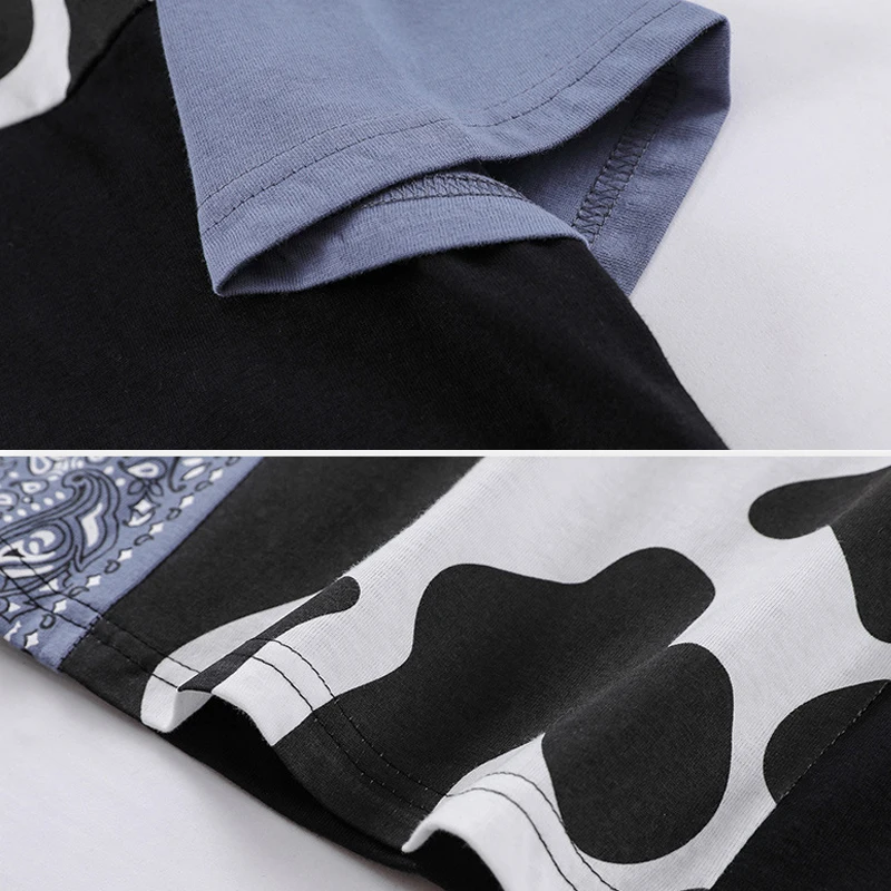 

ELKMU Streetwear Patchwork T-shirts Men Harajuku Cute Puppy Print Shirts Summer Short Sleeve Tshirt Loose Tops Tees Male HM1914