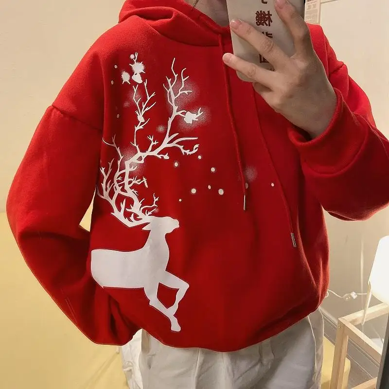 

Christmas Deer Print Hoodies 2021 Autumn Winter Woman Clothes Korean Fashion Pull Femme Long Sleeve Pullover Coat Sweet Blouse