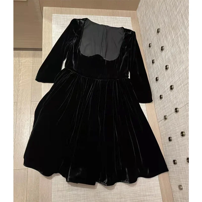 

Atheflow 21 Autumn Solid Silk Velvet Dresses Double Crepe Lining Dress Knee-length Three Quarter Sleeve Square Collar Dress