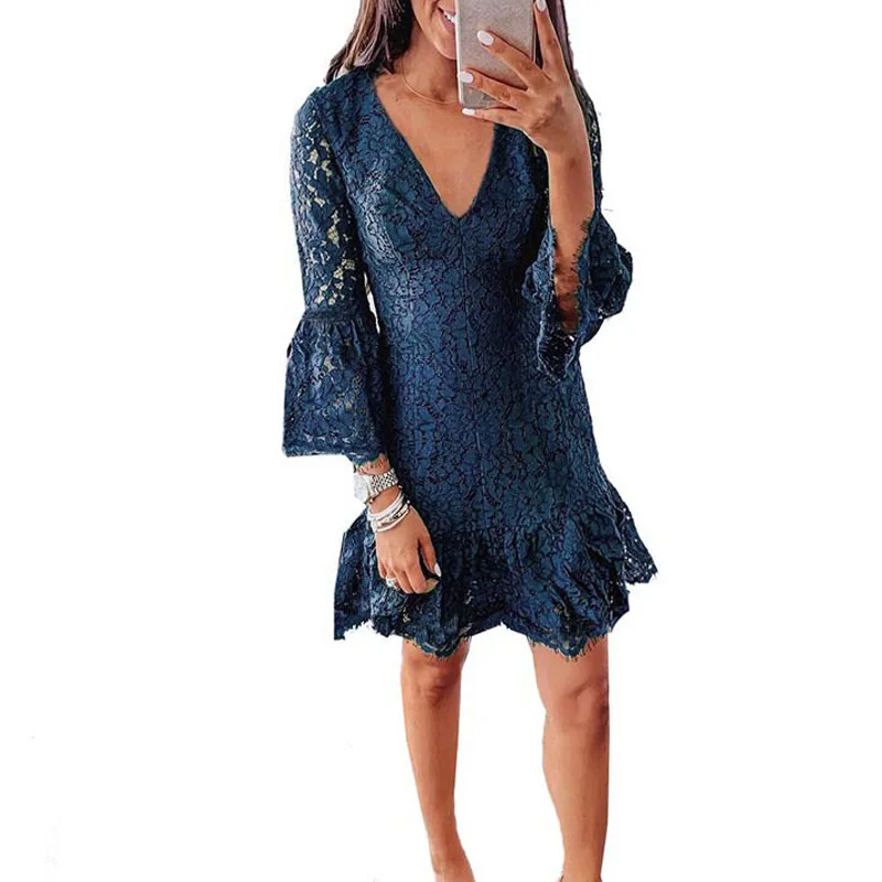 

V-Neck Lace Flared Sleeve Ruffle Dress for Women Retro Elegant Party Lady A-line Autumn Spring Dresses Solid Color