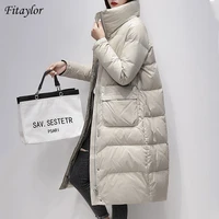 fitaylor new winter stand collar long feather jacket women 90 white duck down coat casual loose parker snow fluffy warm outwear