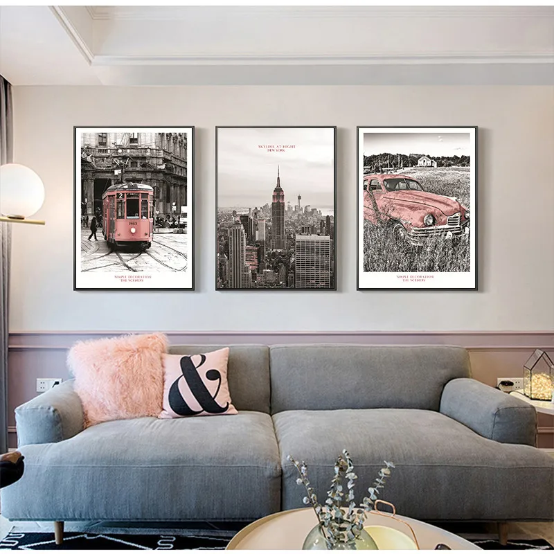 Современная винтажная городская сцена розовая железная транзитная машина Нью