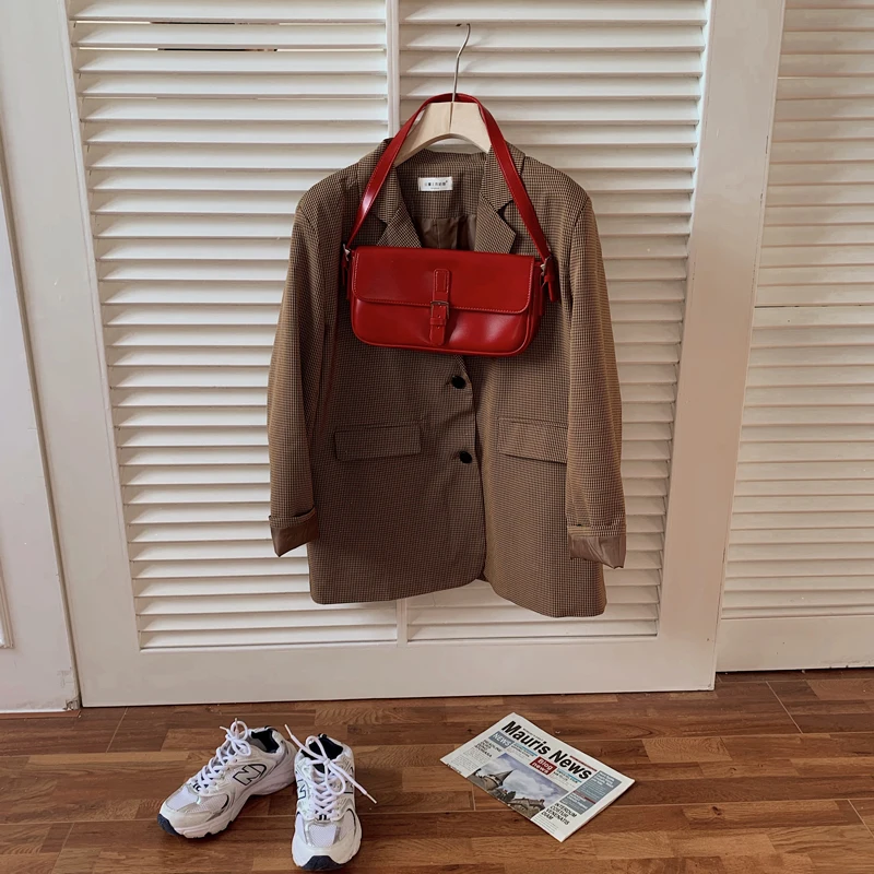 

Women Spring Autumn Small Plaid Loose Blazer Coat Jacket Button Up Outerwear Cardigan with Pockets