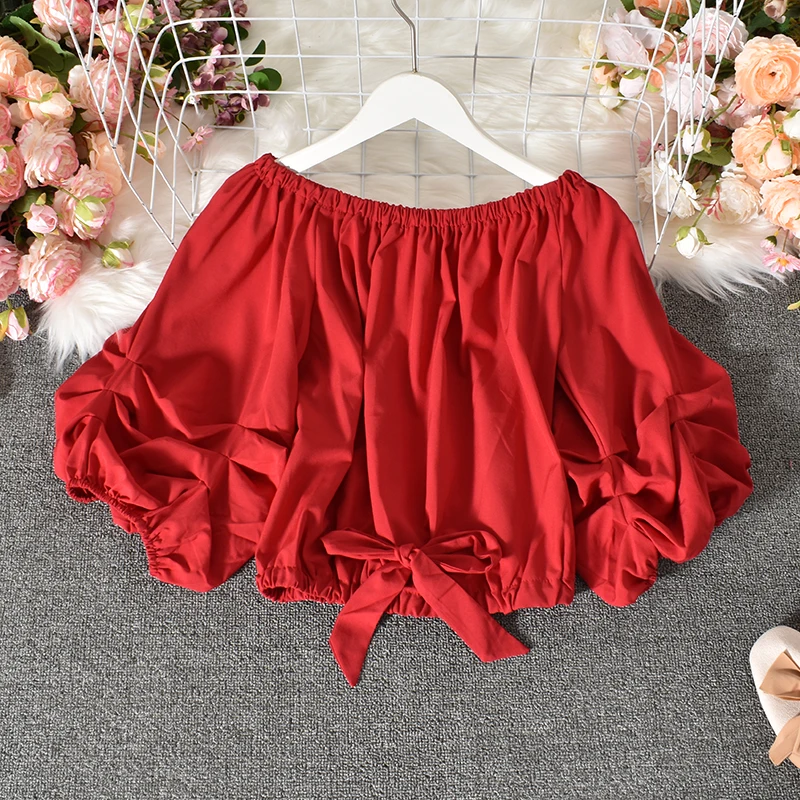 Женская блузка с открытыми плечами базовая короткая рубашка воротником-лодочкой