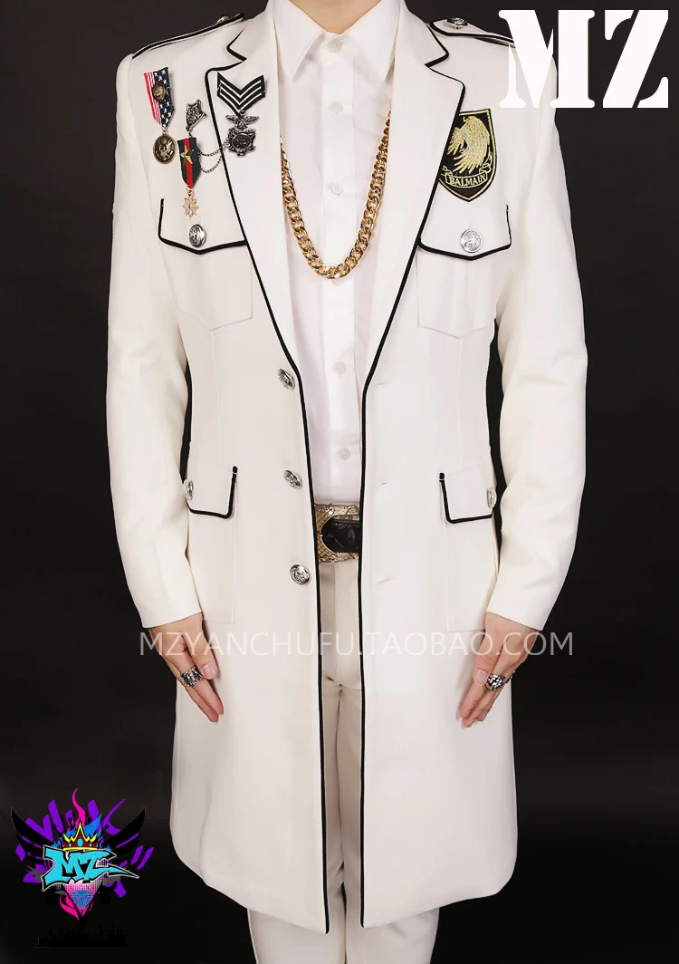 

2020 Men New nightclub male singer male DJ Korean combination white black edge medal long suit costume Blazer Set (Blazer+Pants)