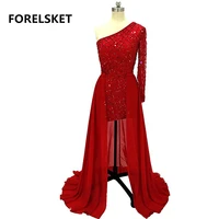 two pieces crystal beading chiffon prom dresses 2020 one shoulder long sleeve sequined appliques evening gowns robe de soiree
