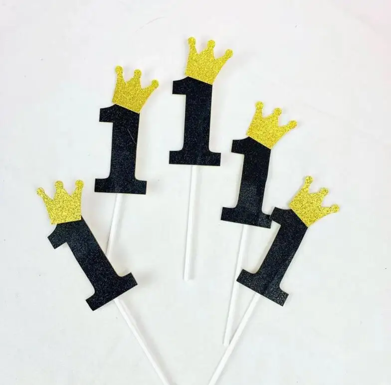 5 шт. номер Babyshower золотой черный Корона блеск персонализированный Топпер для