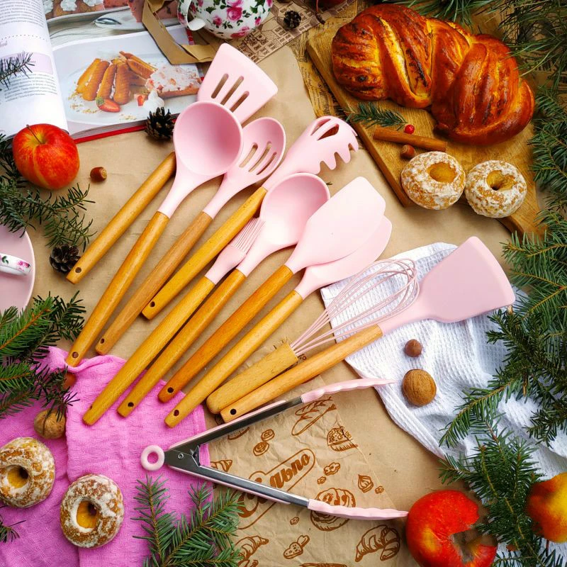 Набор силиконовых кухонных инструментов с деревянной ручкой 9/11 шт.|Наборы