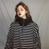 oversized 2xl zipper turtleneck black white striped long sleeve women t shirts korean fashion top streetwear tunic vintage 2022