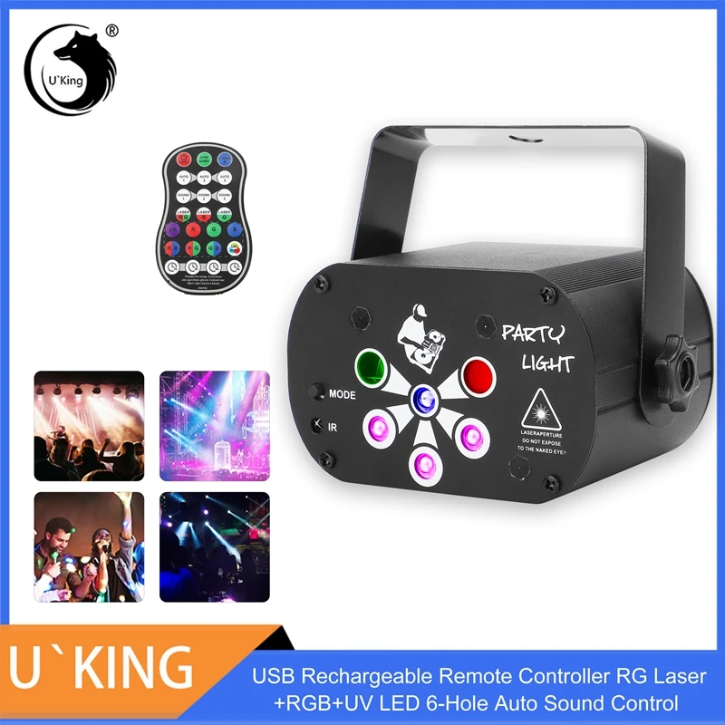

U'King USB Rechargeable Stage Lighting Effect Remote Controller RG Laser+RGB+UV LED 6-Hole Auto Sound Control for DJ Club Party