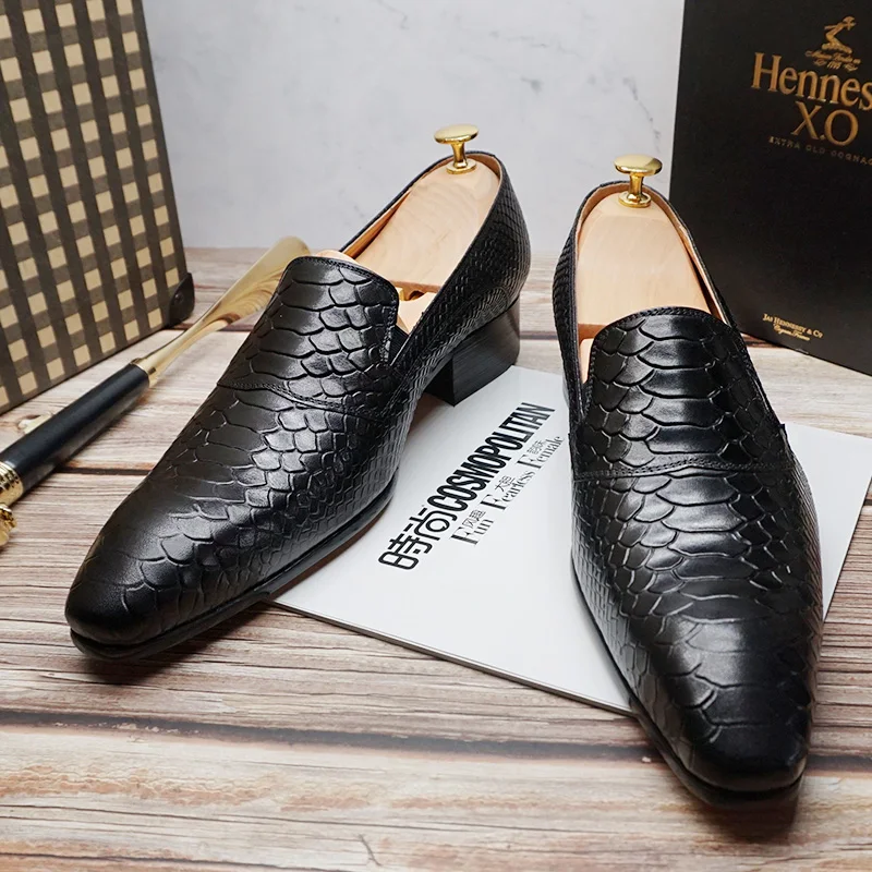 Luxury Men's Loafers genuine leather shoes Snake Skin Prints Shoes Black Brown Slip On Men Dress Party Office Casual | Обувь