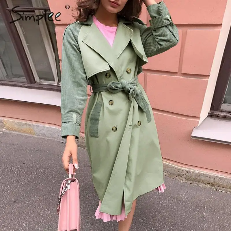 Simplee Elegant patchwork women trench coat Sash belt corduroy cotton female trenches Buttons pocket autumn winter long overcoat | Женская