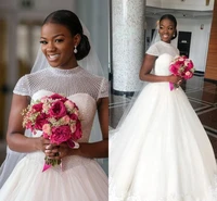 elegant high neck pearls beaded a ilne wedding dresses vintage ctystals short sleeves african bridal gown plus size