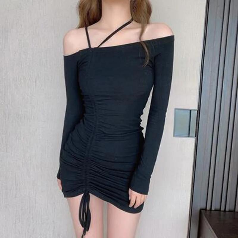 

Hot Sexy Dresses for Women Solid Color Long Sleeve Slash Neck Spaghetti Strap Mini Dress Short Sheath Dress Woman