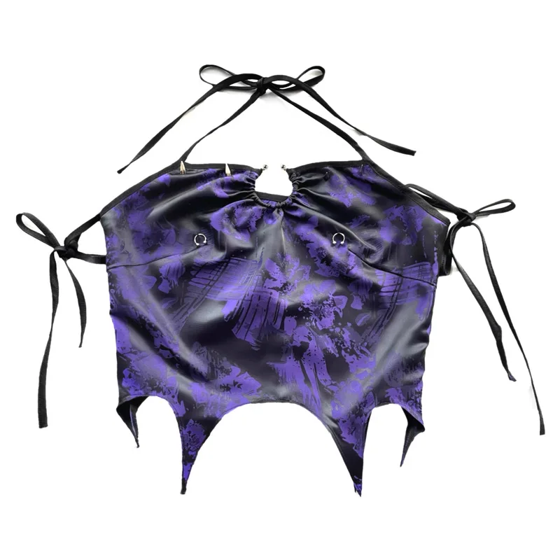 Original Goth Dark Metal Ring Rivet Halter Neck Short Sling Top Summer Sexy Hot Girls Asymmetric Design Crop Top