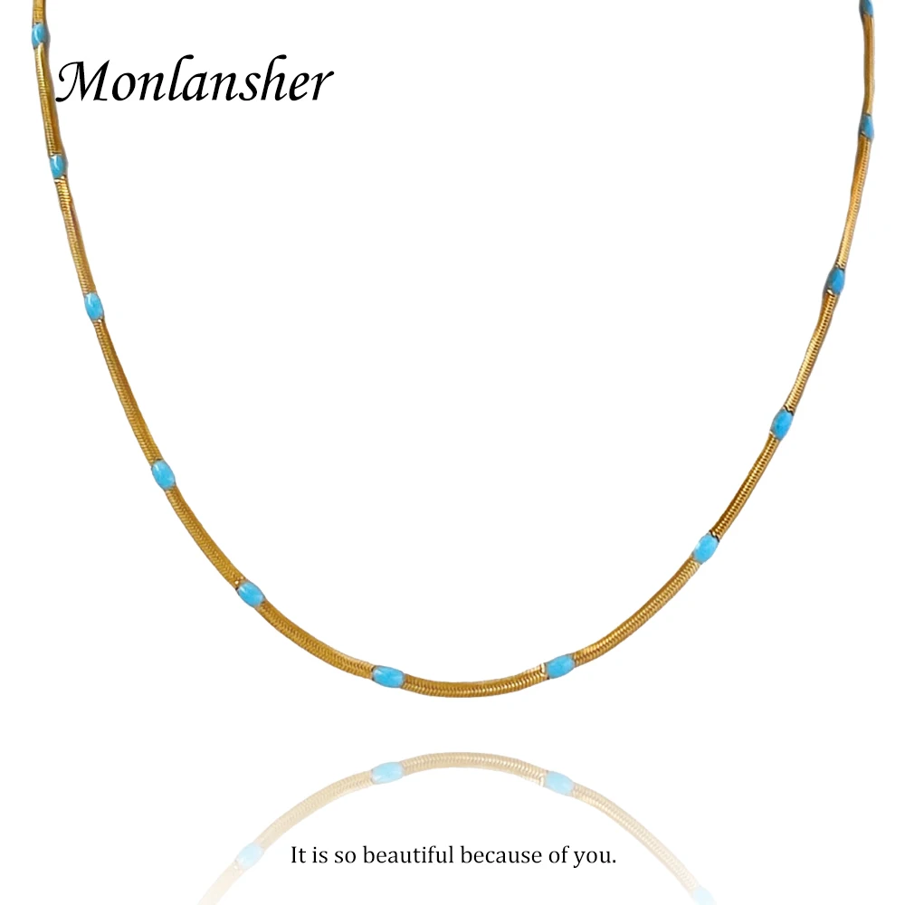 

Monlansher Gold Color Stainless Steel Metal Thin Snake Chain Necklace Trendy Blue Dropped Oil Speck Minimalist Necklaces Jewelry