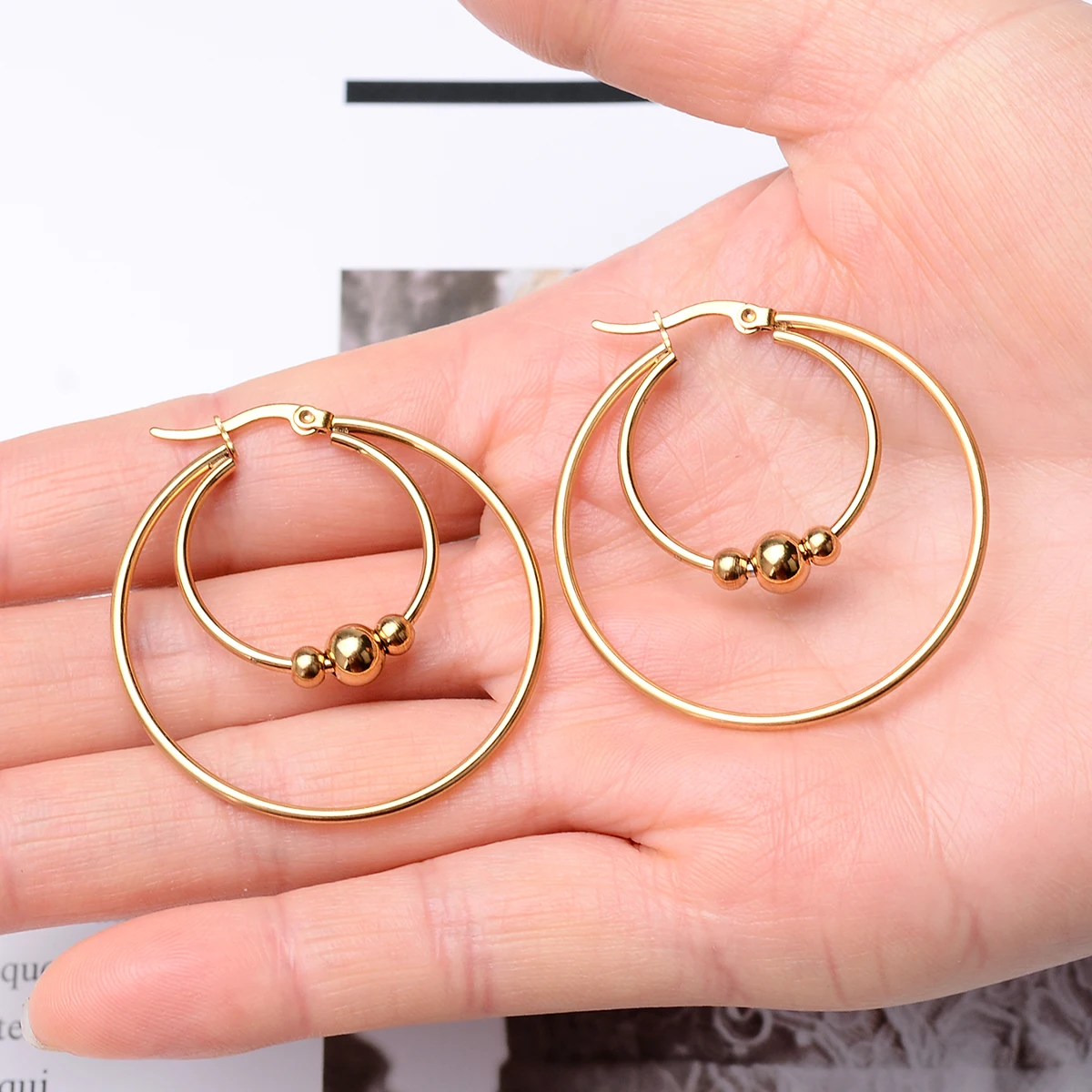Серьги-кольца из нержавеющей стали 316l с шариками двухслойные круглые большие и
