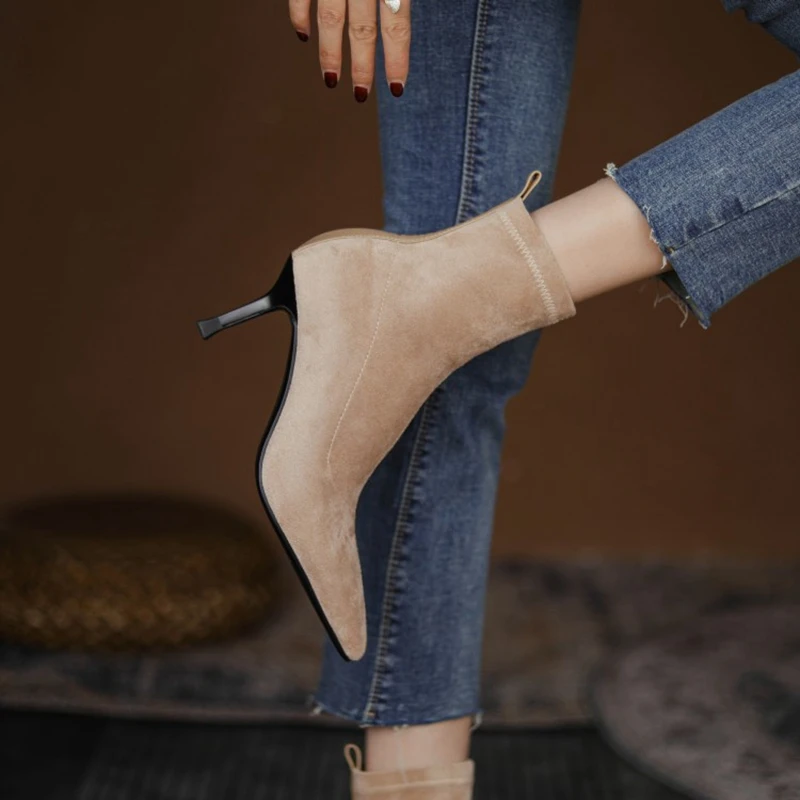 

2021 Fall Shoes Women Solid Flock Ankle Boots Women Pointed Toe Thin Heel Women Boots Fahion Women Botas de invierno para mujer