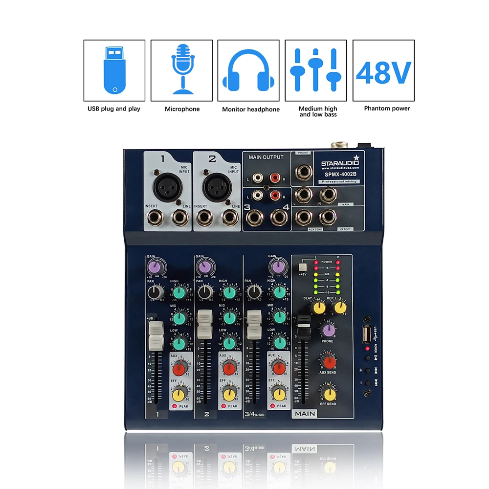 

STARAUDIO Professional 4-Channel Audio Mixer W/USB Recording Studio Live Sound Mixing Console With Effects Processor SPMX-4002B