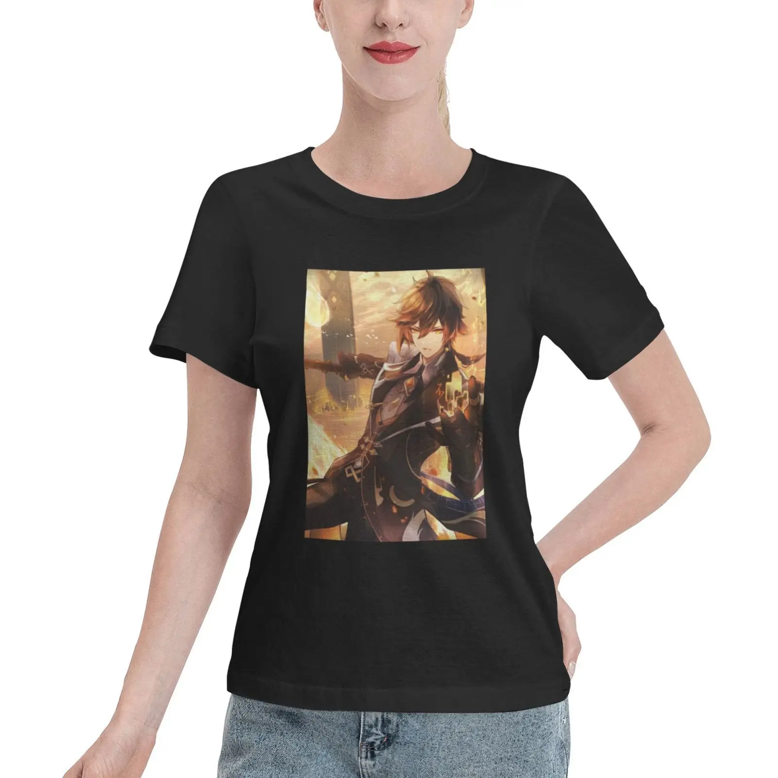 

2021 Hot Game Genshin Impact Zhong Li Print 100% Cotton T Shirt Women Short Sleeve Harajuku Graphic T-shirts Tops Women 2021