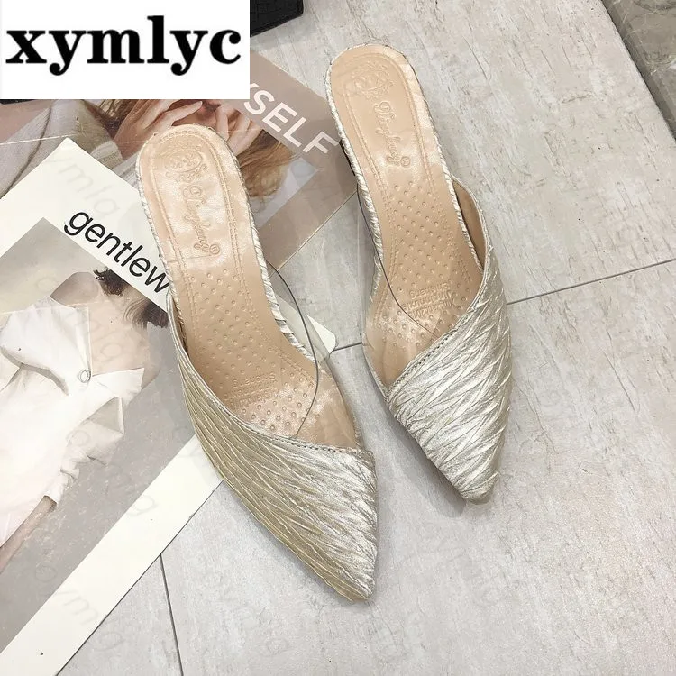 

Square heel High heel slippers women 2019 spring summer shoes women Fashion Wild Baotou Gingham Microfiber Casual ladies shoes