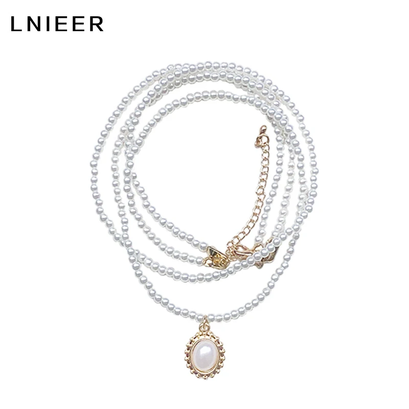

Ожерелье LNIEER в ретро стиле, ожерелье с двойным жемчугом, модная цепочка до ключиц, чокер, женское украшение на шею
