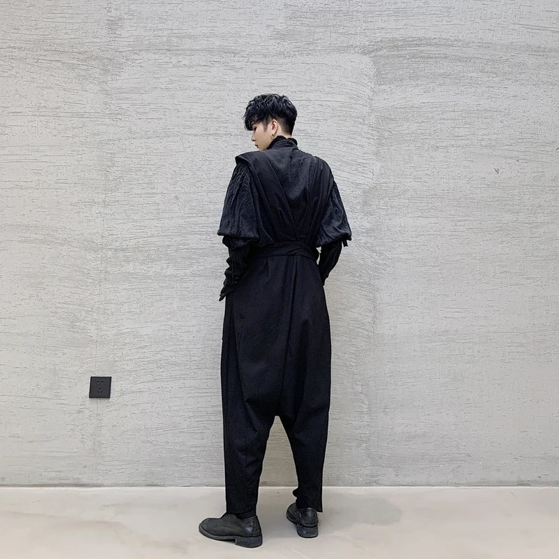 

New Men Loose Casual Harem Bib Pant Man Women Fashion Dark Black Streetstyle Hip Hop Gothic Ankle Length Pants Stage Clothing