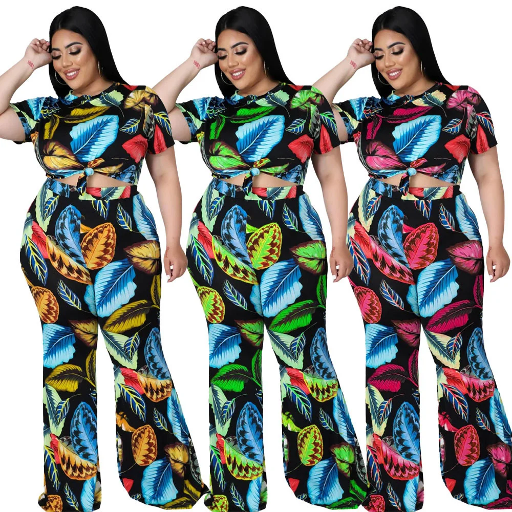 

Leaf Print Two 2 Piece Set Wide Leg Pants And Short Sleeve Crop Top Suit For Women Bandage Trousers Girls Women's Sets