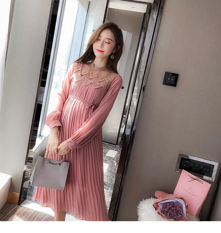 Envsoll Spring Autumn Maternity Dress Mom Long-sleeved Lace Pleated Chiffon Dress Maternity Clothes For Pregnant Women