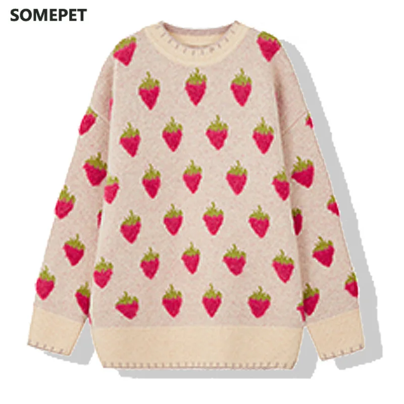 

Cute Strawberry Knitted Sweater Women Autumn Winter Long Sleeve Women Casual Pullover hot sale Korean Knitted Jumper Female