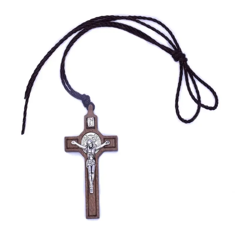 

Jesus Cross Necklace Wood Metal Pendant Jewelry Men Womens Catholic Religious GXMA