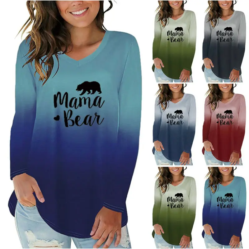 

Womens Ladies Gradient Letter Print Long Sleeve T-Shirt V-Neck Casual Tunic Tops
