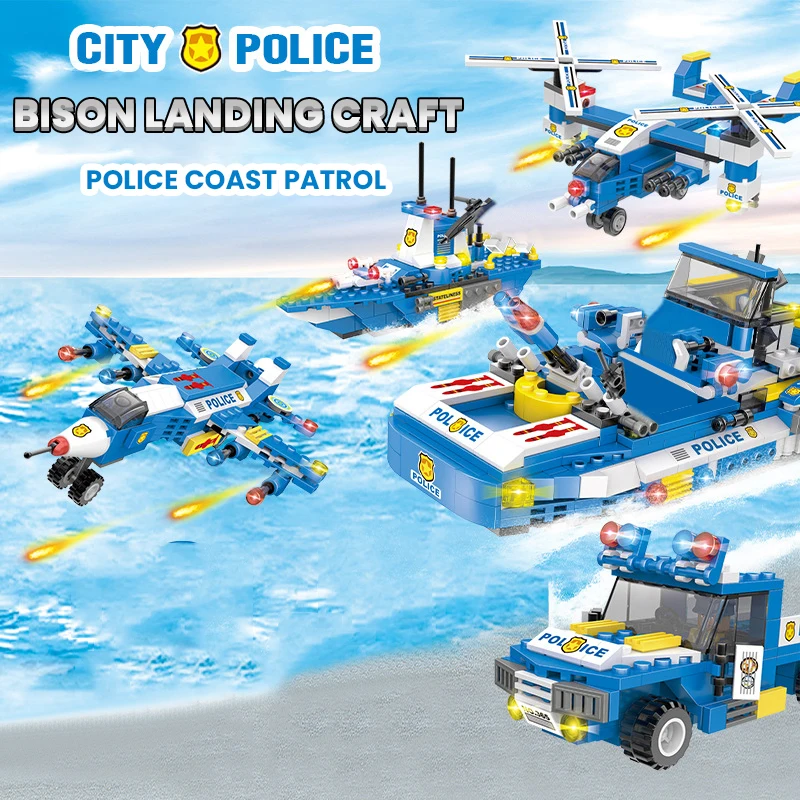 

713pcs DIY Classic Blocks City Police Trucks Car Helicopter Building Blocks City SWAT Team Police Boat Bricks Educational Toy
