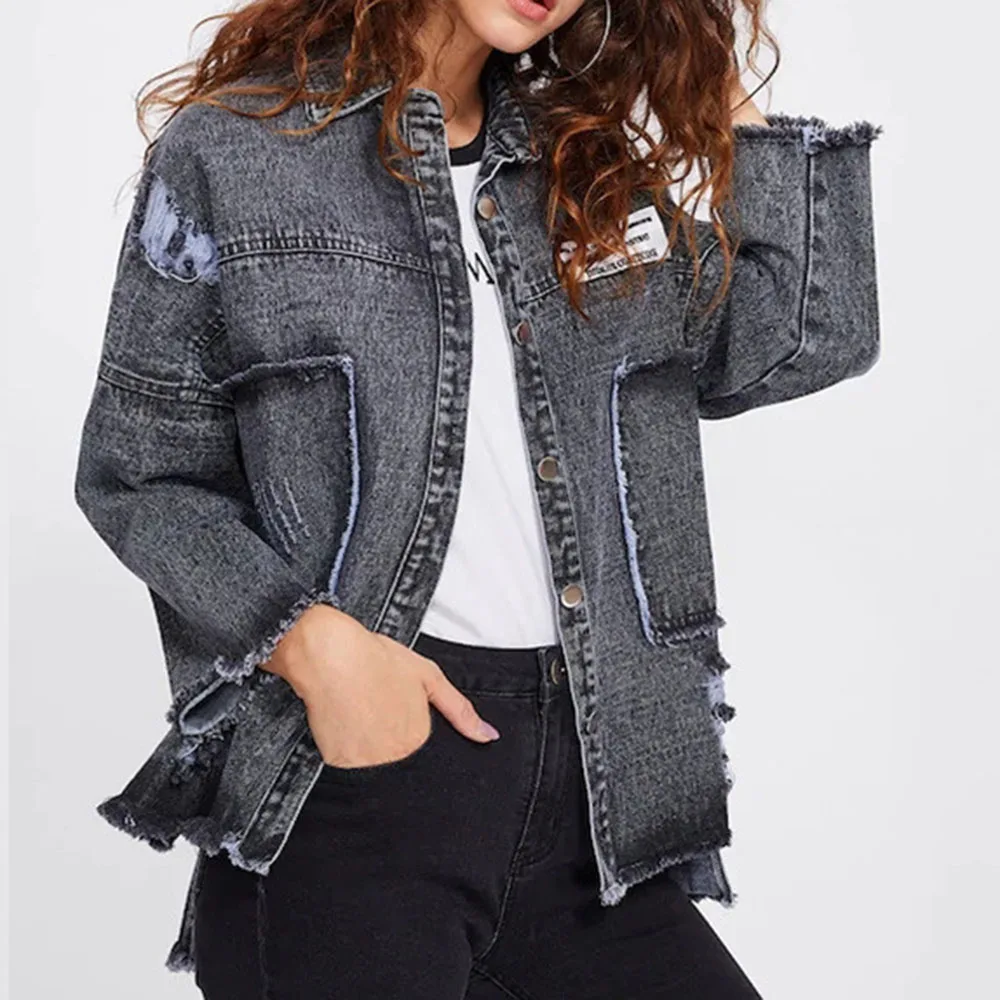 

Женский джинсовый жакет с длинным рукавом, однотонный однобортный серый костюм с нашивкой, осенняя одежда, 2021