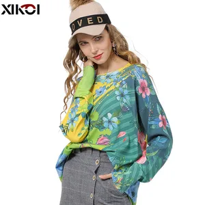 Женский вязаный свитер с цветочным принтом XIKOI, теплый пуловер оверсайз с круглым вырезом, Высокоэластичный джемпер для зимы