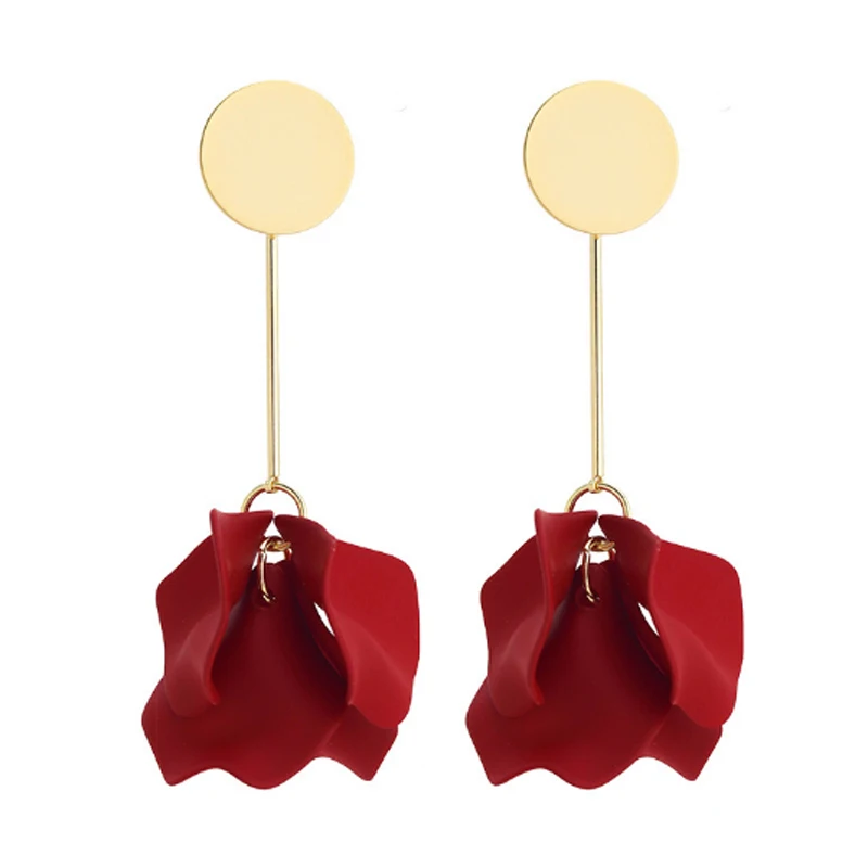 Женские корейские серьги с красной розой золотистые металлические медные
