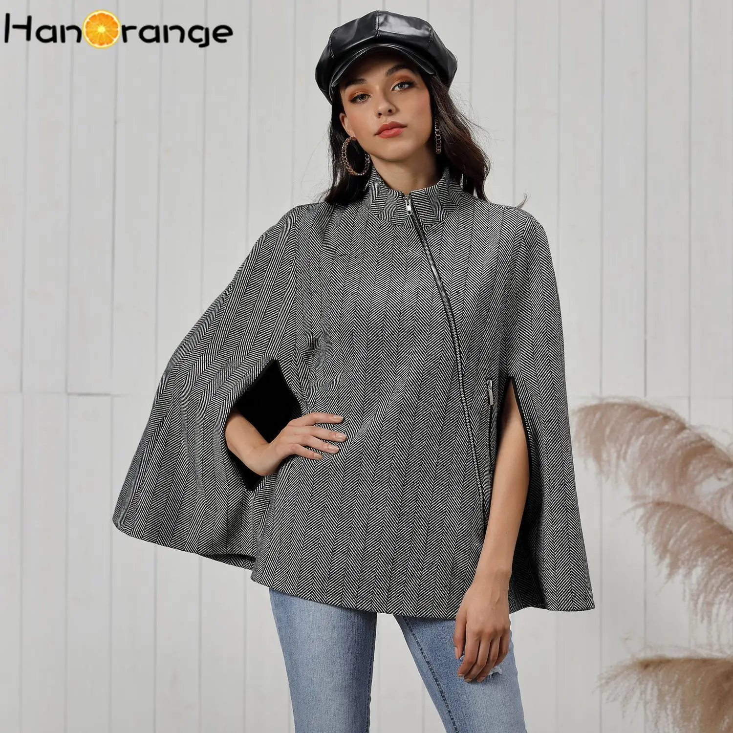 

HanOrange Women's Cloak Coat Herringbone Diagonal Plaid Ladies Jacket