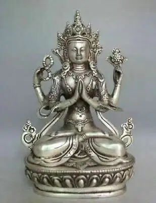

Chinese Tibet Buddhism Silver Bodhisattva Four-armed Avalokiteshvara Buddha Statue Iiving Room Decoration Home Gift