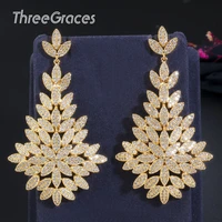 threegraces cubic zirconia earrings gold 80mm leaf drop big long party earrings for women african wedding jewelry er396