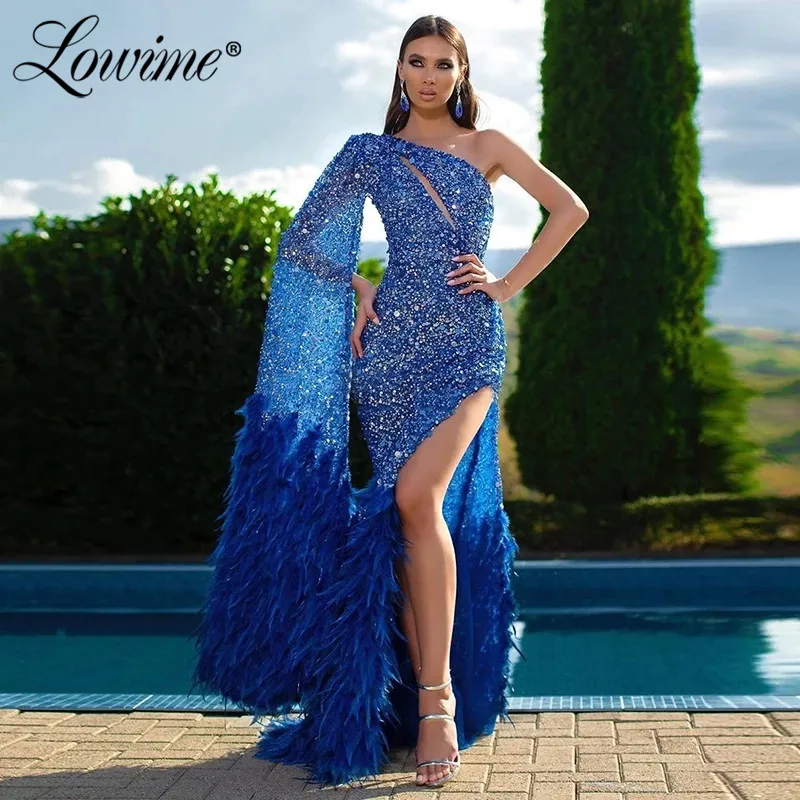 

Blue One Shoulder Feathers Evening Dresses Mermaid Green Purple Party Gowns 2021 Plus Size Celebrity Special Occasion Prom Dress