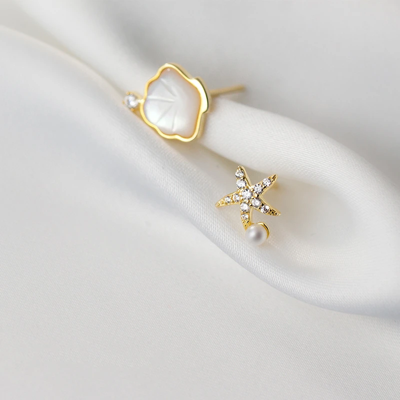 

S925 Sterling SilverColor Marine Element Round Pearl Shell Starfish Stud Earrings Women Lady Girls Jewelry Gift