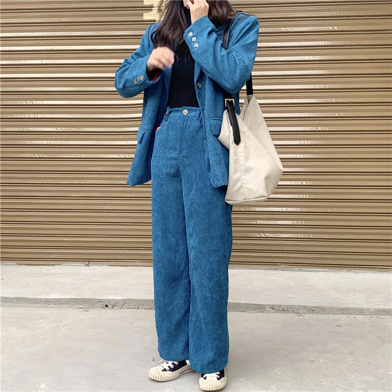 Модные элегантные деловые брючные костюмы для женщин синий вельветовый пиджак и