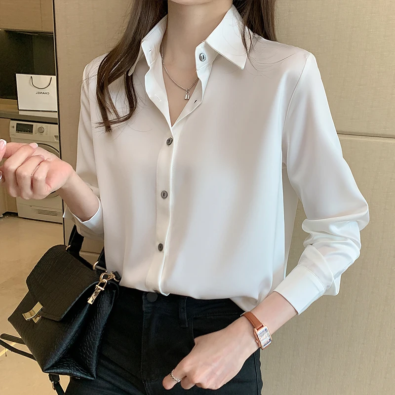 

Summer Women's Shirt Chiffon Blouses for Women Office Lady Shirts Women Blouses 2021 White Polo Neck Button Up Blouse Woman Tops