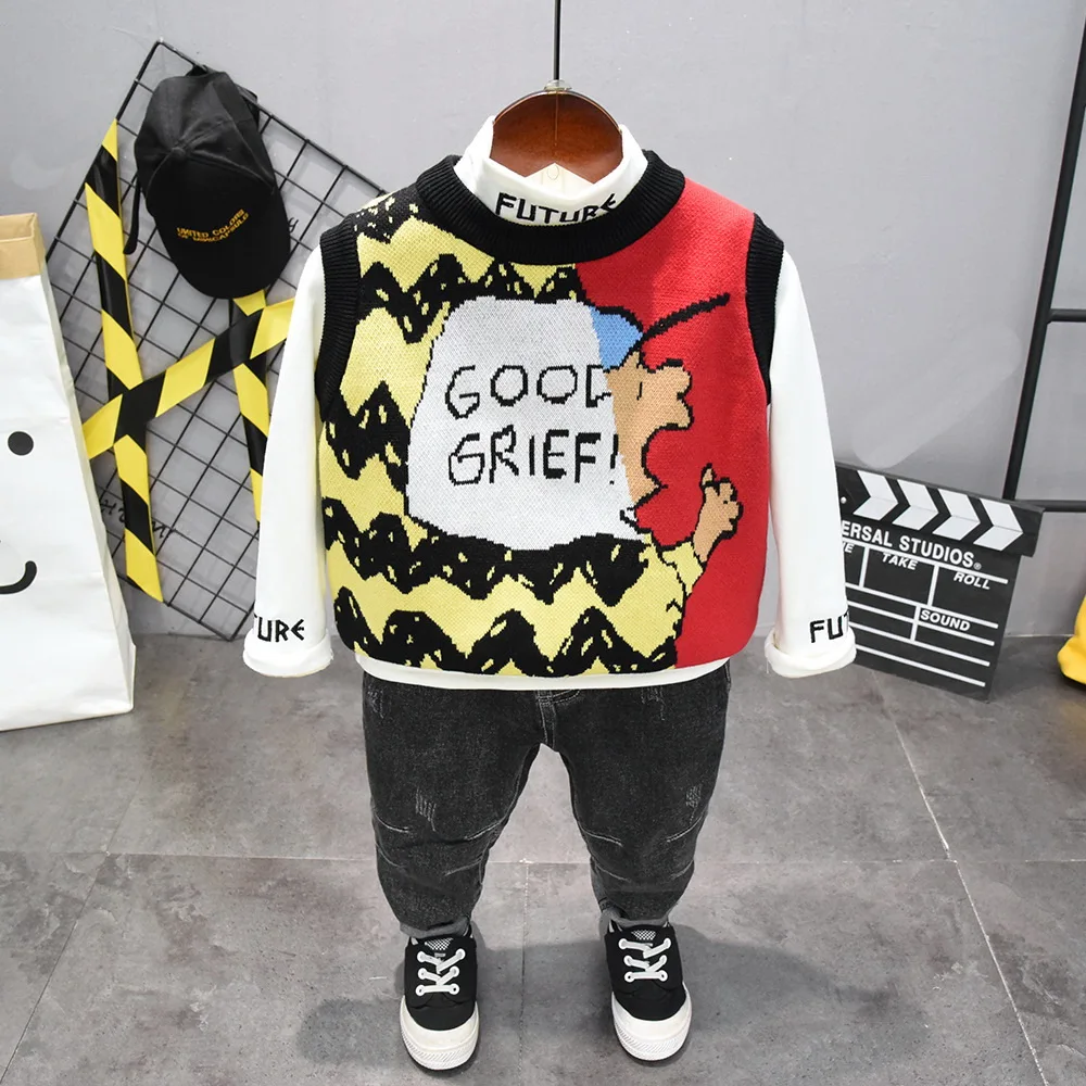 

New Winter Children Clothing Boys Cartoon Casual Sports Knit Vest, Tthick T-shirt, Thick Jeans 3pcs/Set Infant Outfit Kids Suit