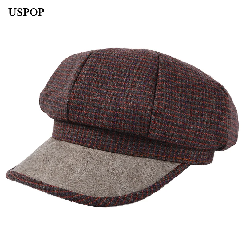 Женская Шерстяная кепка в клетку USPOP винтажная Кепка с восьмиугольным козырьком