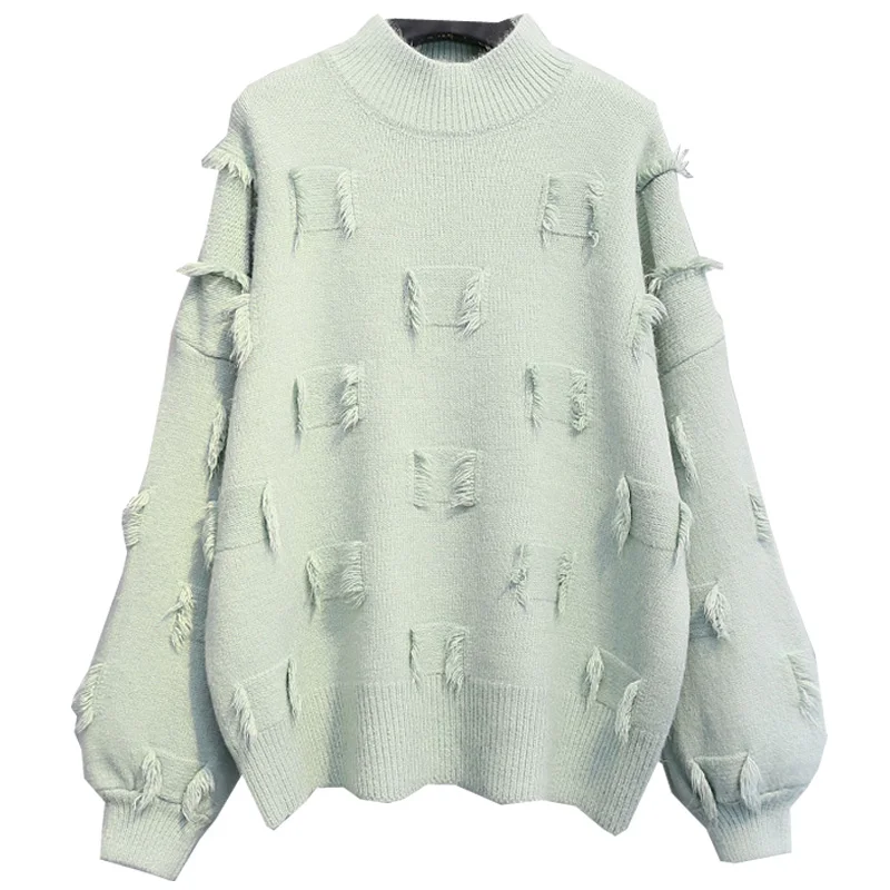

Tassel Knitted Women Sweater And Pullovers Lantern Sleeved Solid Loose Casual All Match Thicken Female Pulls Outwear Tops