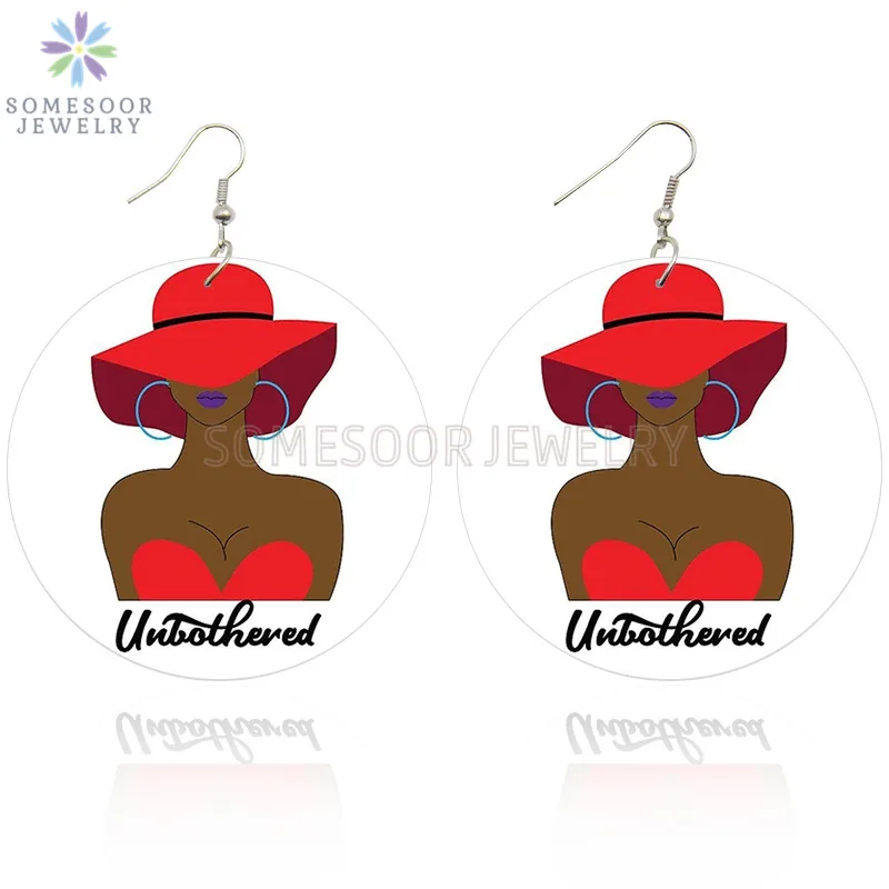 

SOMESOOR Unbothered Black Lady Hoops African Wooden Drop Earrings Both Sides Print Vintage Wood Dangle Jewelry For Women Gifts