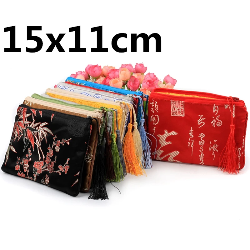50pcs Cotton filled Chinese Silk Brocade Jewelry Pouch Small Zip Bag  Tassel Ladies Cell phone Purse Crafts Gift Packaging